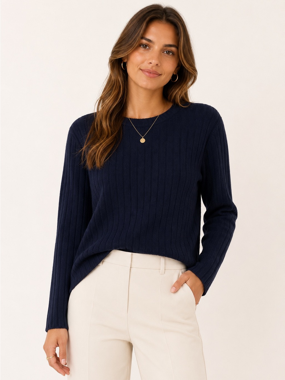 Emery Rose Navy Ribbed Knit Crewneck Long Sleeve Lightweight Sweater Medium